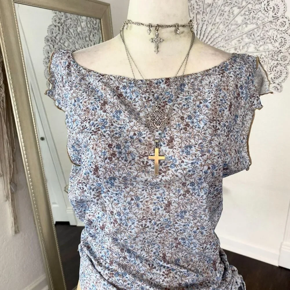 Early 2000's Boho Blue Brown Floral Flower Cap Sleeve Mesh Top S / M - Picture 3 of 5
